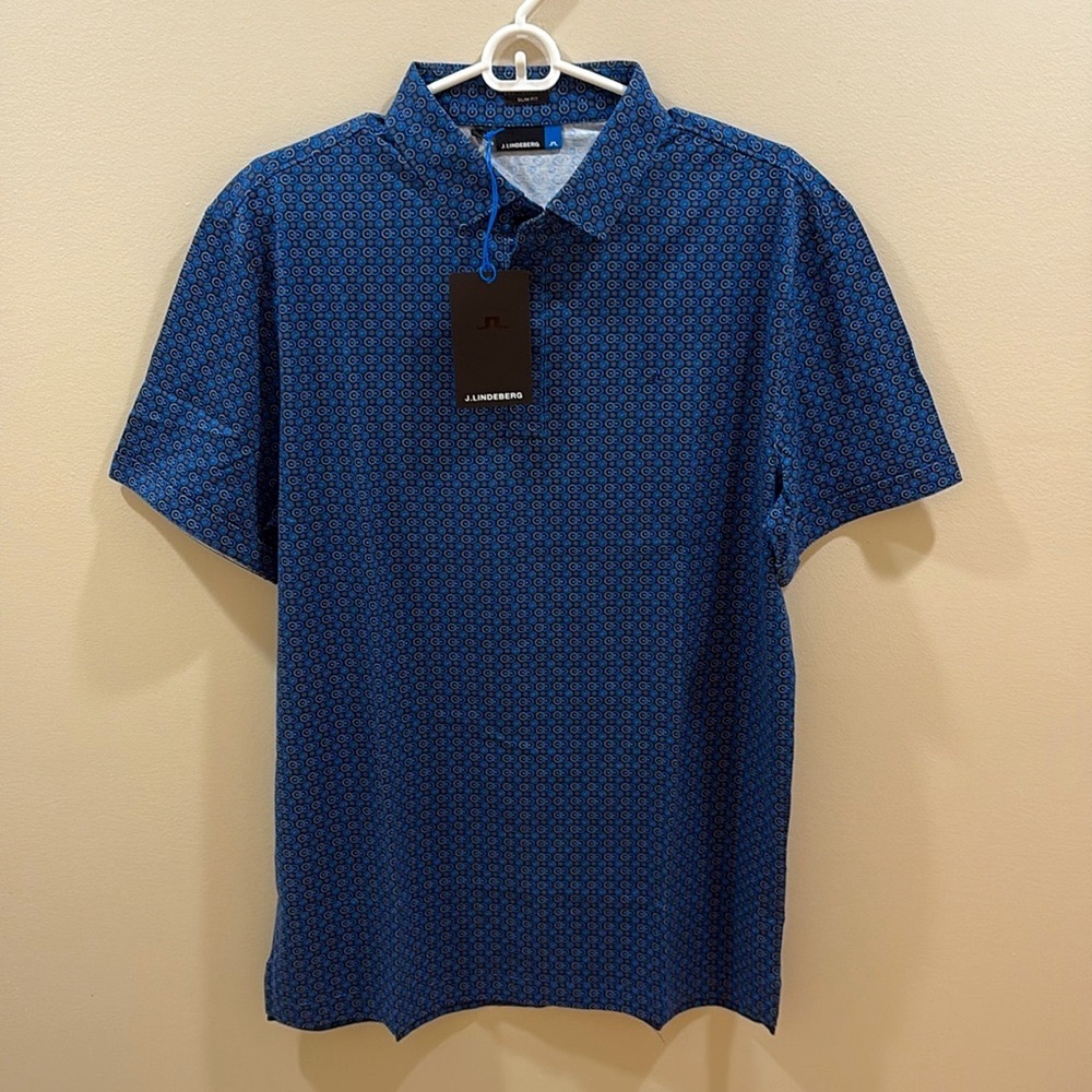 J.Lindeberg Men's Large Blue Pattern Golf Shirt. New Unused W/Tags.